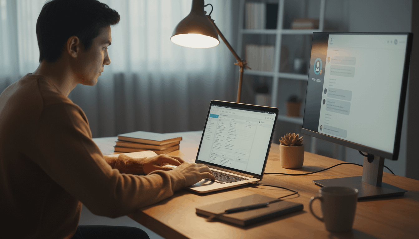 Person training a Go High Level AI agent by filling in a knowledge base document at a laptop with a chat interface on a second monitor.