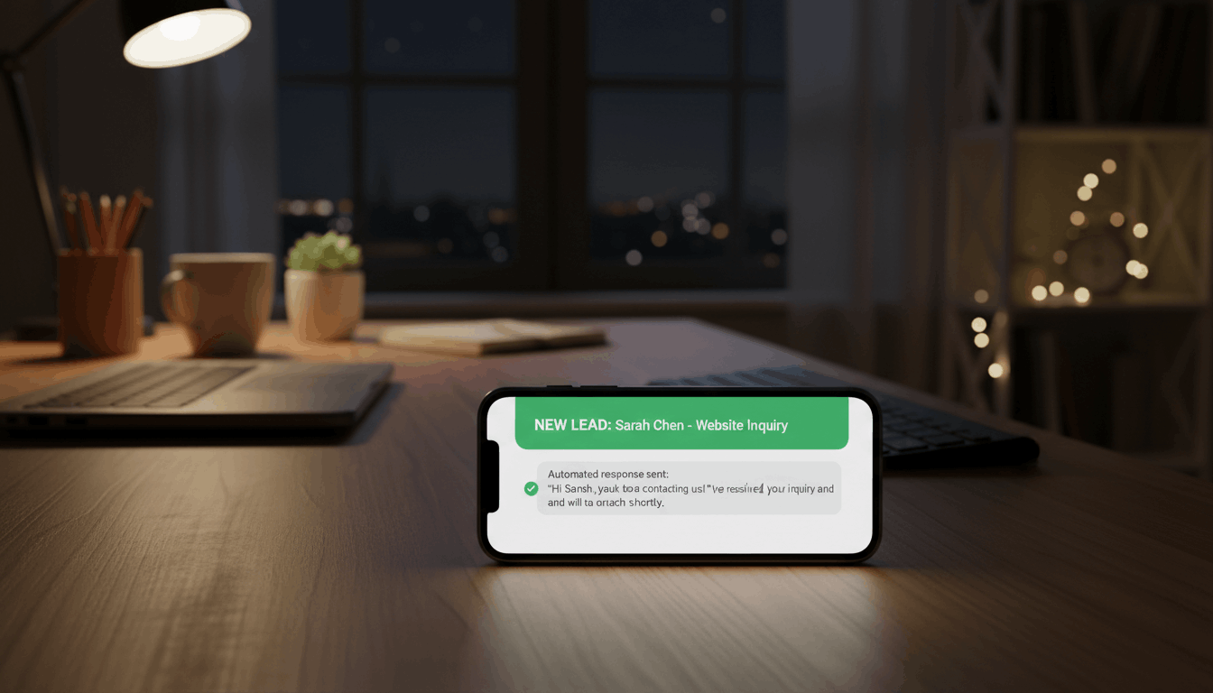 Smartphone showing a CRM lead notification with an automated response already sent below it, resting on a desk in a home office at night.