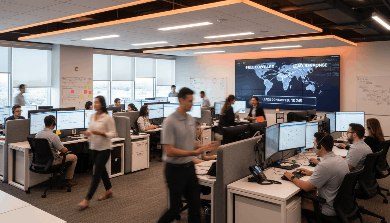 Professional sales floor with multiple reps working during business hours, with text overlay communicating leads handled automatically after hours too.