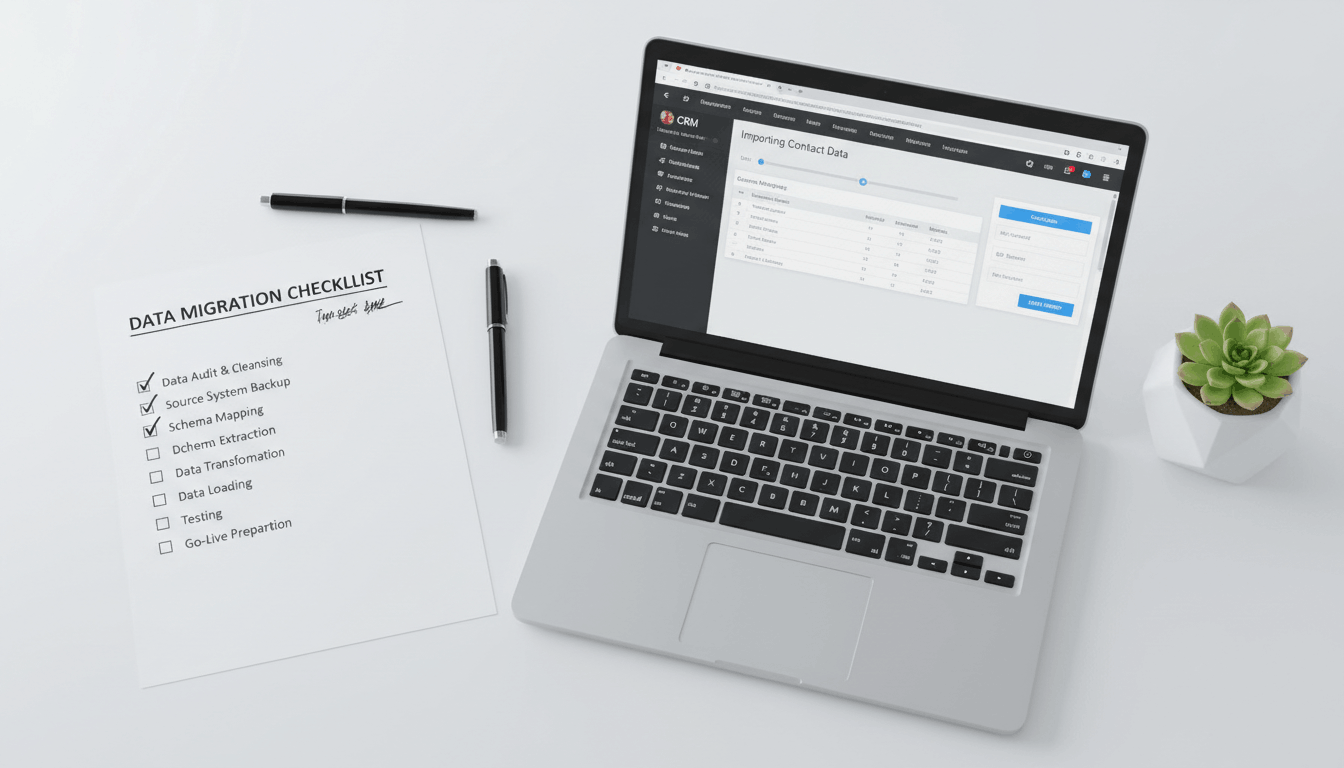 Top-down flat-lay of a detailed migration checklist on paper being checked off next to a laptop open to a CRM import screen.