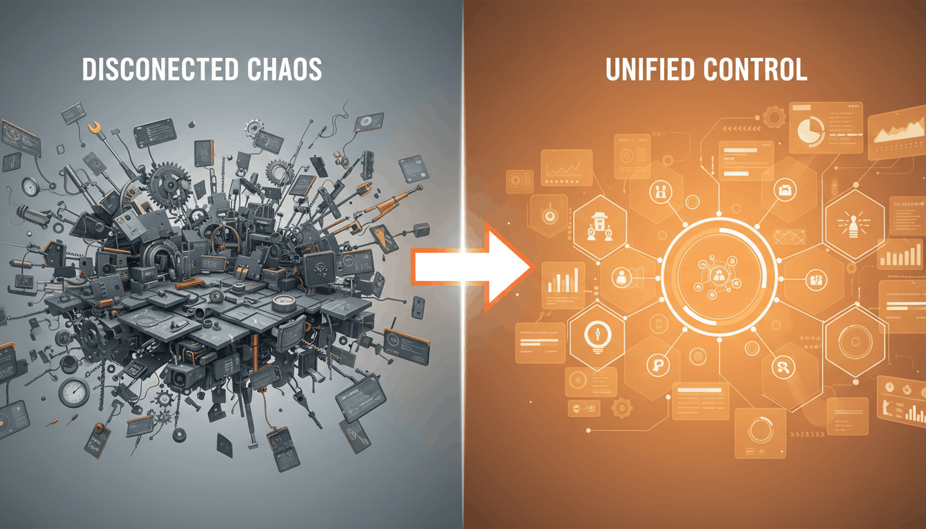 Split-screen illustration showing cluttered disconnected tools on the left and a clean unified dashboard on the right with orange accent tones.