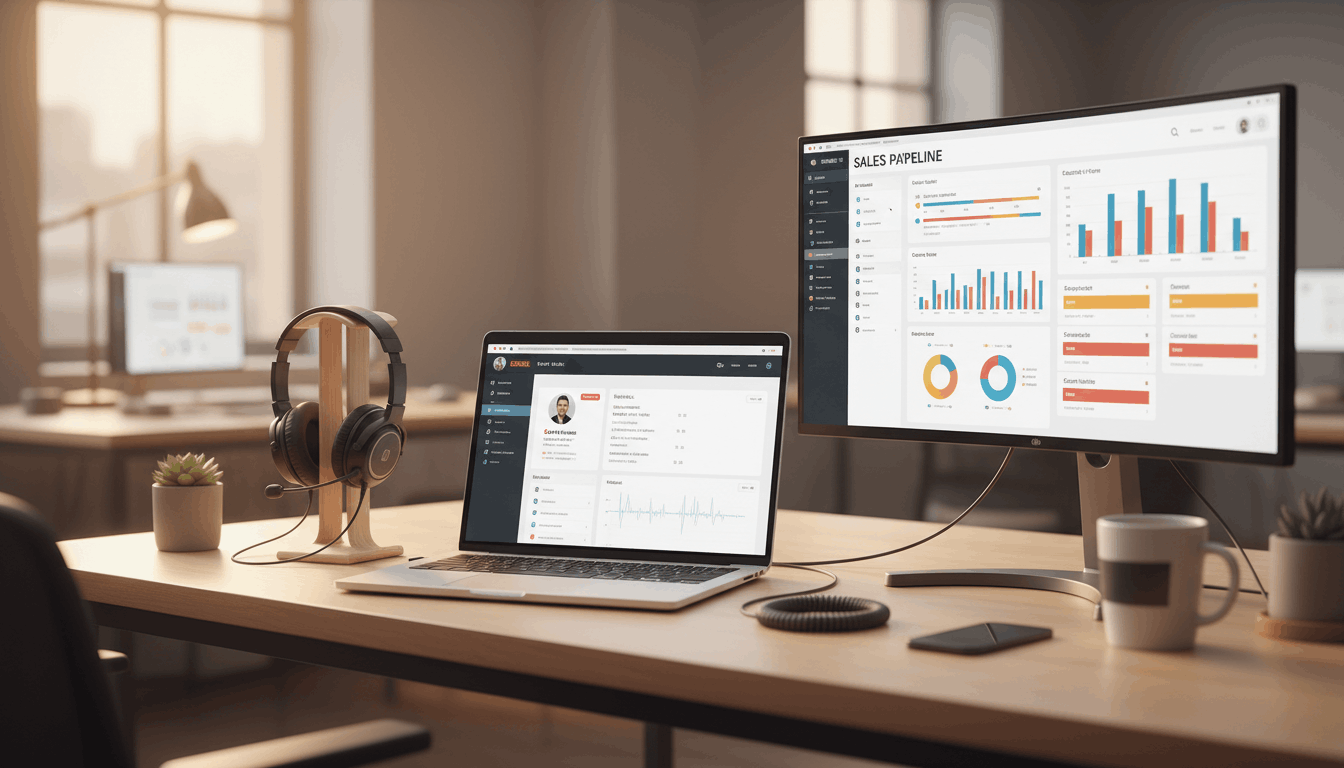 Modern sales desk with a professional headset, laptop showing an active CRM call screen, and a second monitor with a pipeline dashboard visible.
