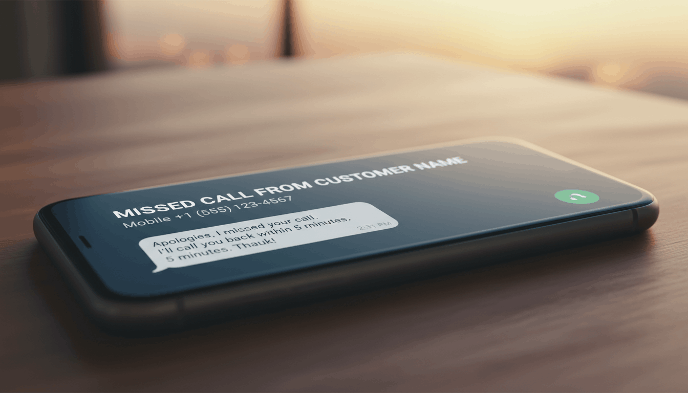 Close-up of a smartphone showing a missed call notification with an automated text reply visible below it, representing the missed call follow-up system.