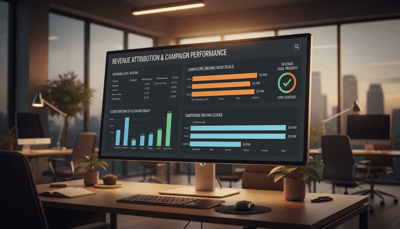 Cinematic wide-angle photograph of a digital dashboard on a large monitor showing keyword-level attribution to closed revenue with bar charts and warm lighting.