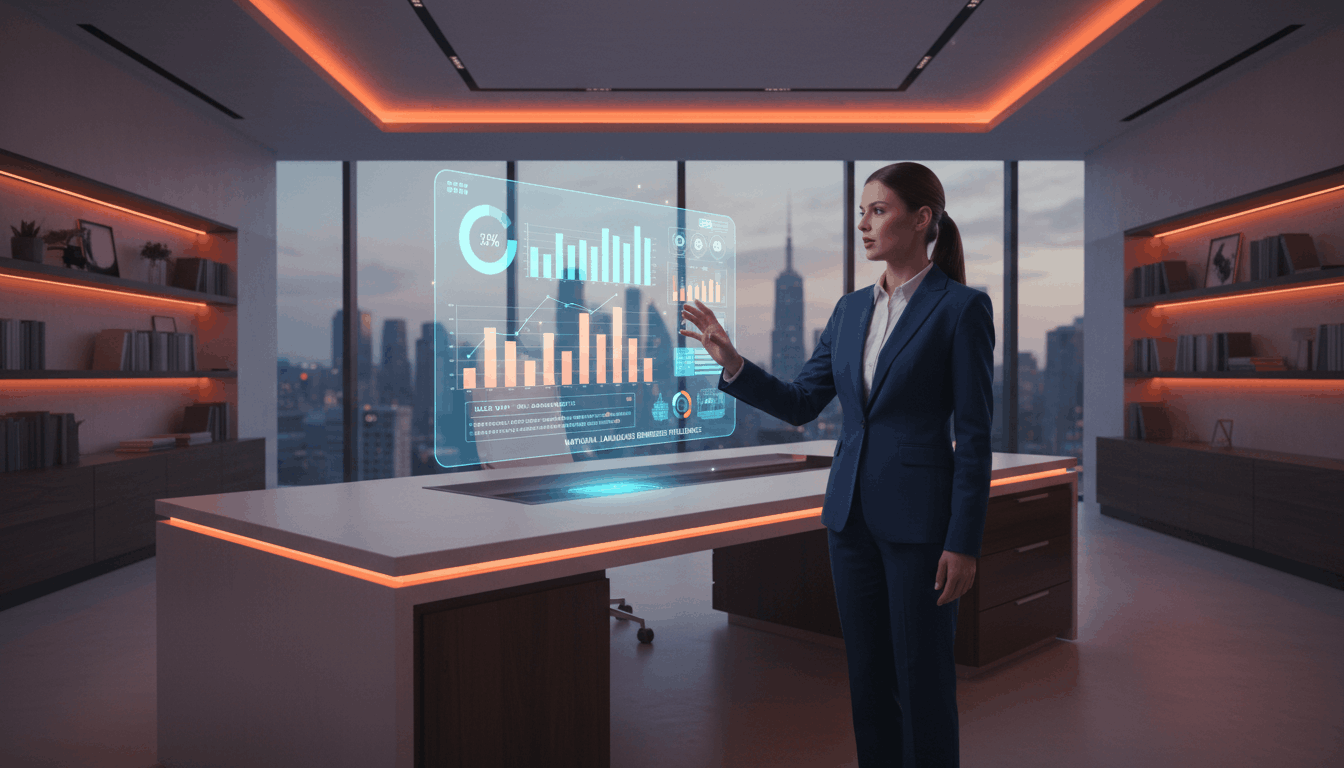 Executive using AI powered business intelligence dashboard with natural language reporting